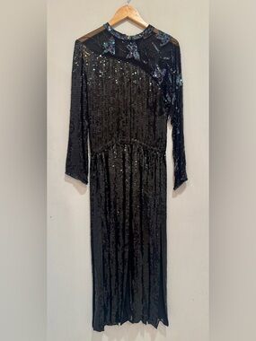 Sweelo Vintage Black Sequin Long Sleeve Evening Dress w/ Sheer Embellished Yoke